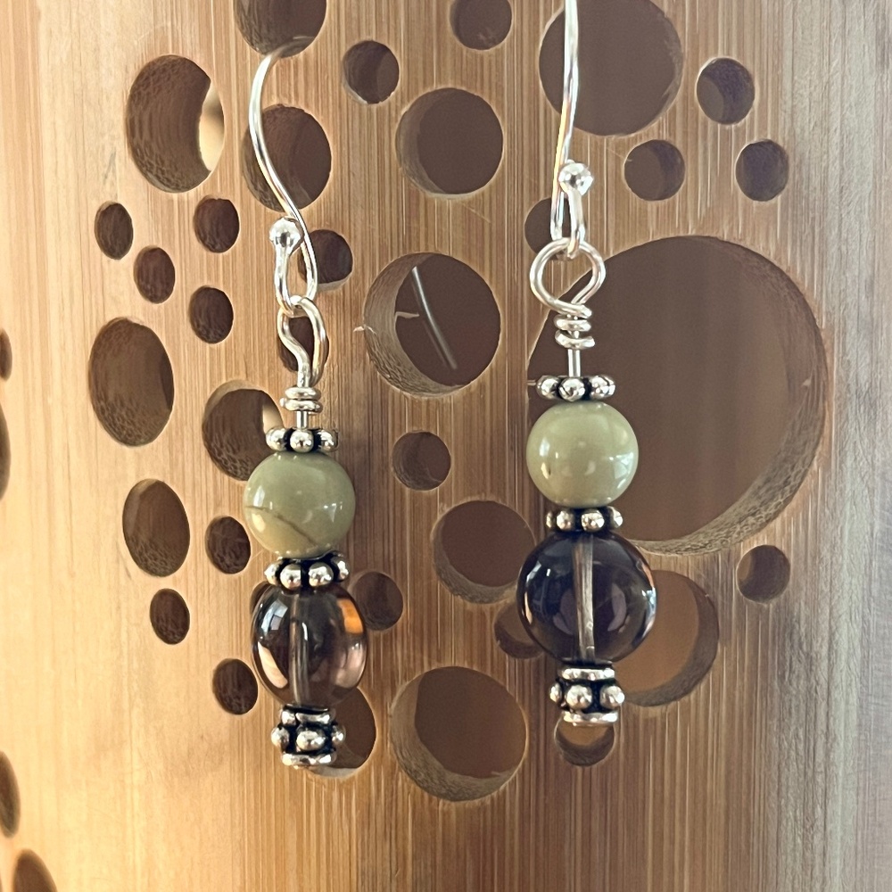 Olive Jade and Smokey Quartz w/Sterling Silver Earrings - Picture 2 of 4